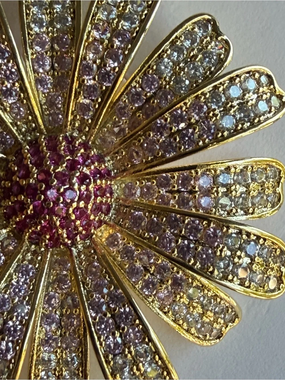 Gold-Tone Pink & White Crystal Flower Brooch